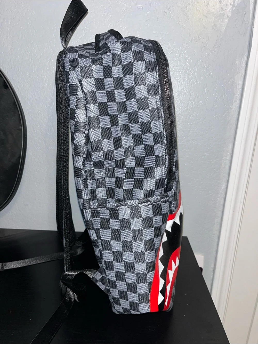 Gray Checkerboard Shark-Print Men's Backpack - Red & Black Accent